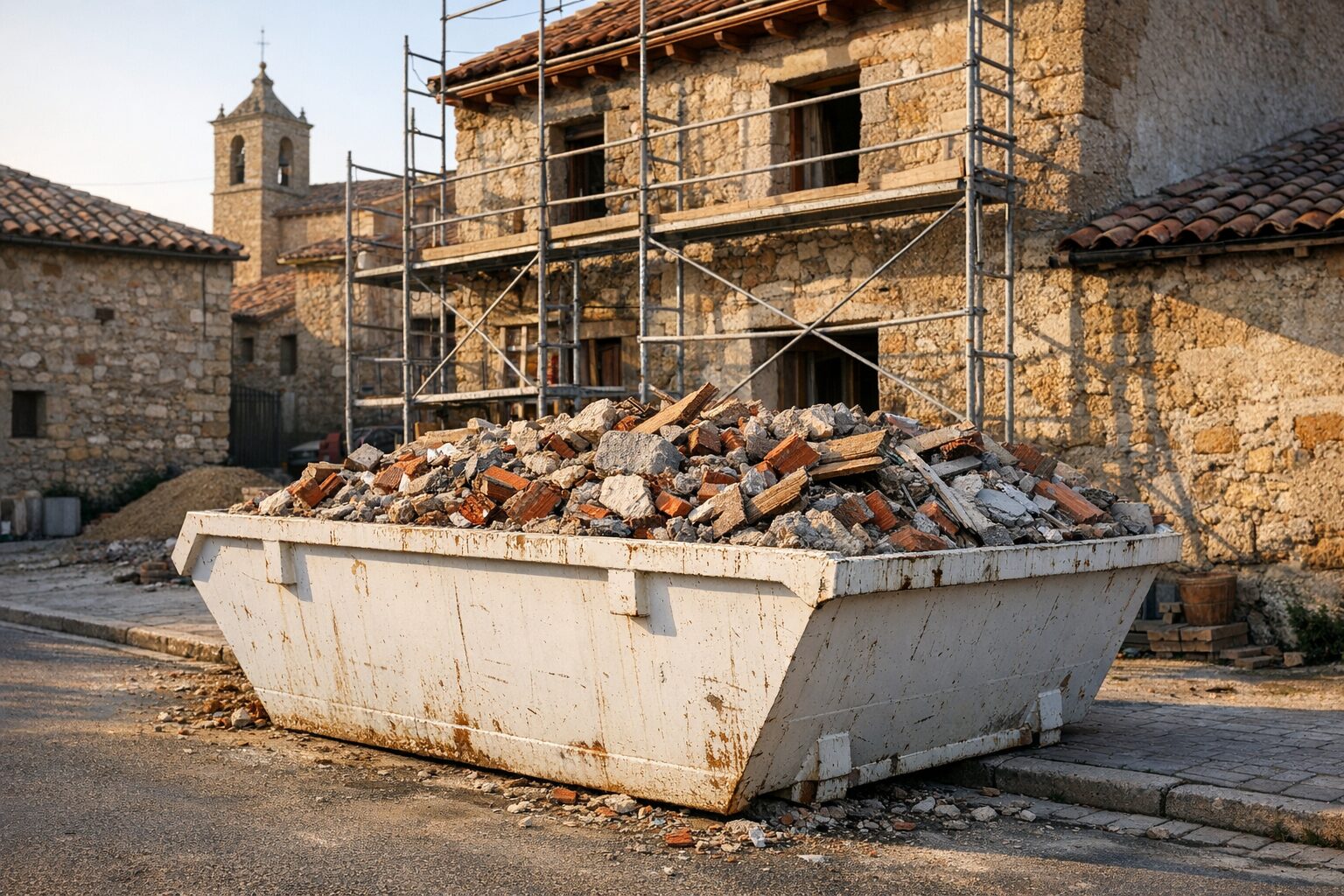 Contenedor de escombros lleno frente a una casa en obras